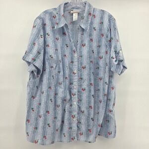 Alfred Dunner Top 1X‎ Blue Striped Cherry Print Retro Casual